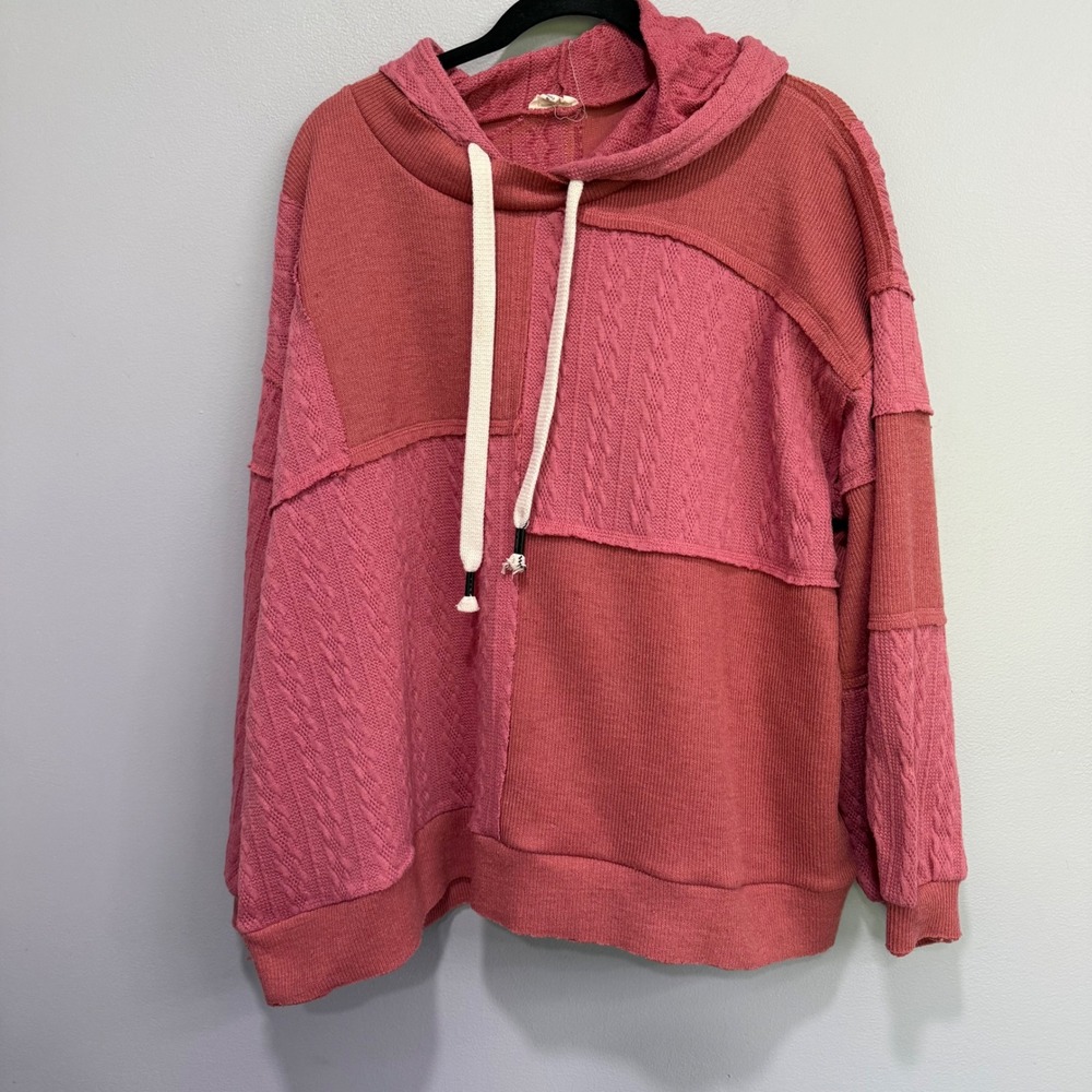 POL Pink Patchwork Cable Knit Hoodie Oversized Mixed Media Pullover boho